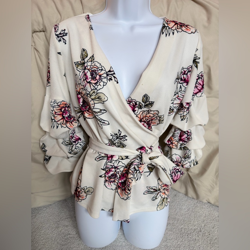 Floral Wrap Blouse - Cream and Pink
